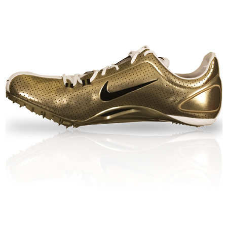 gold and white track spikes